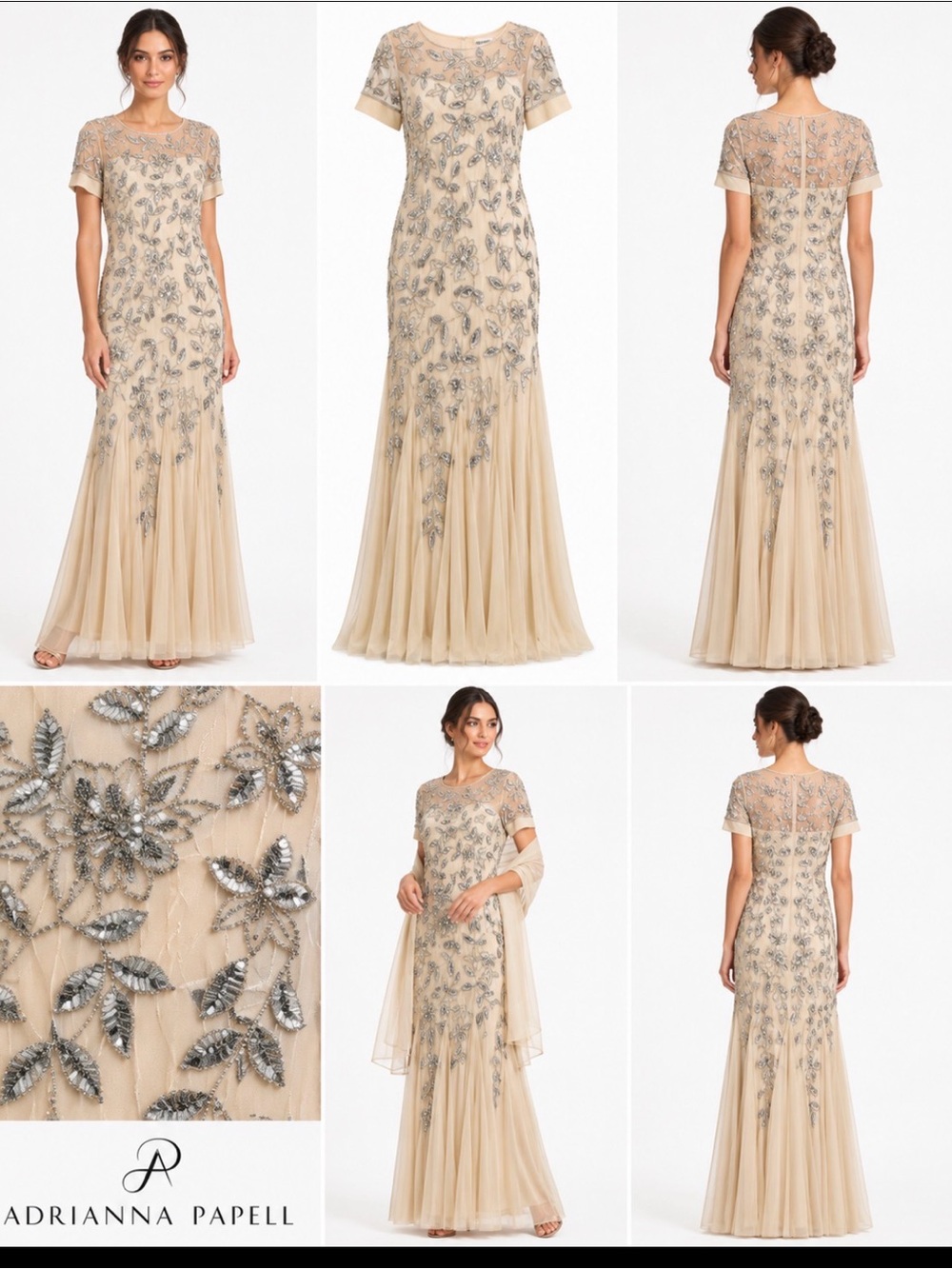 Adrianna Papell Cream Maxi Gown with Silver Beaded Floral Embroidery